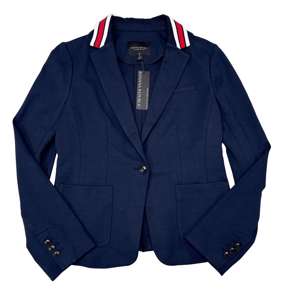 Banana Republic Blazer Jacket Women Size 2 Navy Blue Academia Classic Stripe NEW